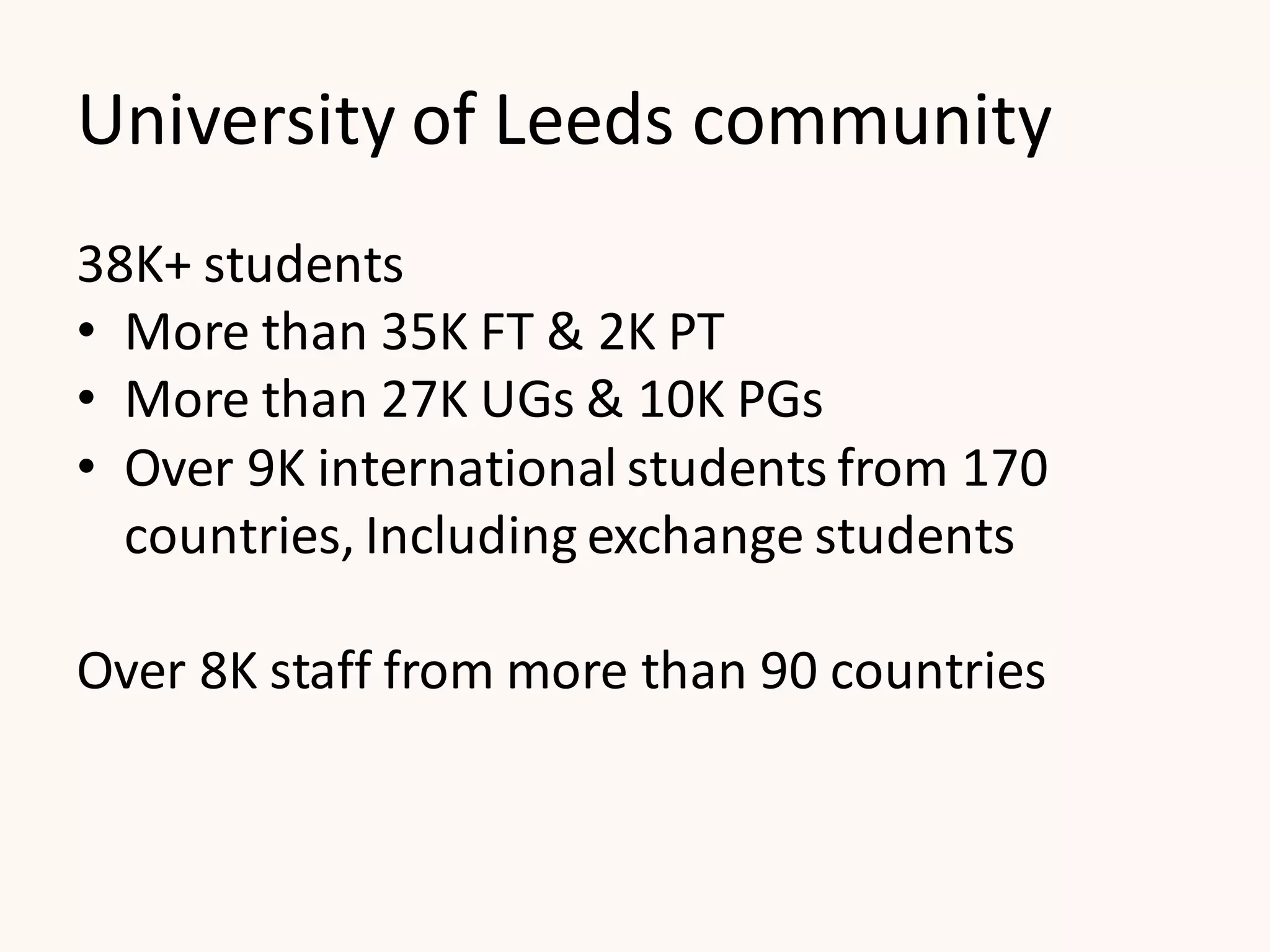 University of Leeds community
38K+ students
• More than 35K FT & 2K PT
• More than 27K UGs & 10K PGs
• Over 9K international students from 170
countries, Including exchange students
Over 8K staff from more than 90 countries
 