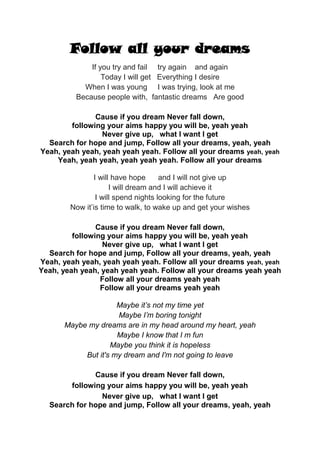 Follow all your dreams
If you try and fail try again and again
Today I will get Everything I desire
When I was young I was...