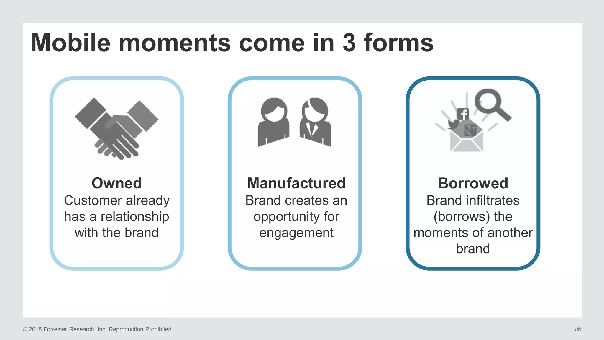 © 2015 Forrester Research, Inc. Reproduction Prohibited ‹#›
Mobile moments come in 3 forms
Owned
Customer already
has a relationship
with the brand
Manufactured
Brand creates an
opportunity for
engagement
Borrowed
Brand infiltrates
(borrows) the
moments of another
brand
 