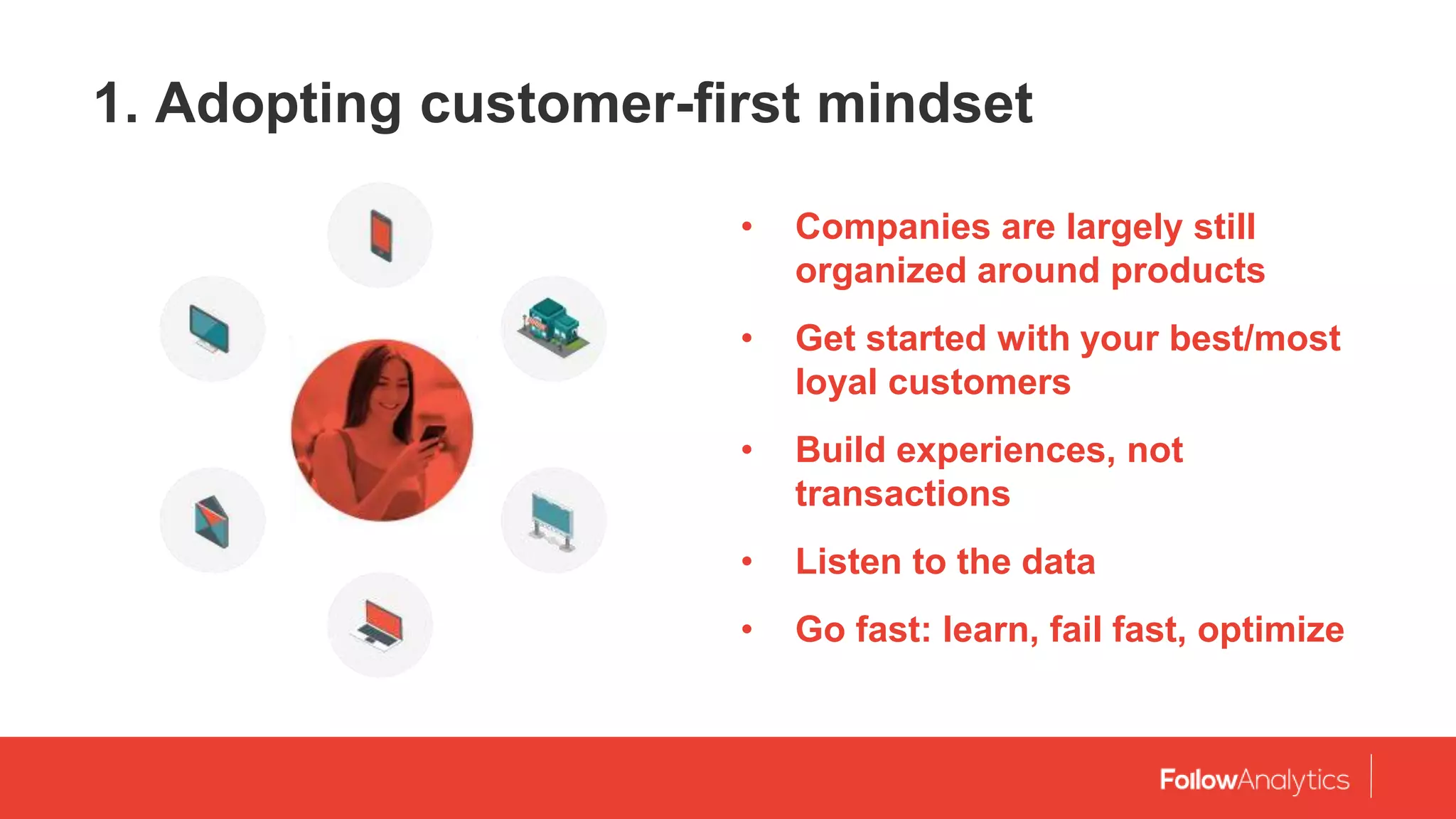 1. Adopting customer-first mindset
• Companies are largely still
organized around products
• Get started with your best/most
loyal customers
• Build experiences, not
transactions
• Listen to the data
• Go fast: learn, fail fast, optimize
 