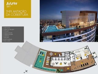 1. Hall social
2. Apoio ao Sky gym
3. Sky gym
4. Espaço de luta
5. Espaço de yoga
6. Solarium
7. Sky pool
8. Deck molhado
9. Bar e estar
 