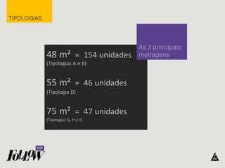 TIPOLOGIAS
48 m² = 154 unidades
(Tipologias A e B)
55 m² = 46 unidades
(Tipologia D)
75 m² = 47 unidades
(Tipologias G, H e I)
As 3 principais
metragens
 