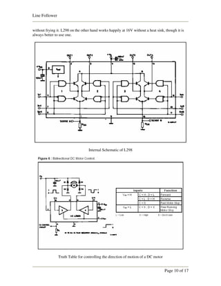 Line Follower


without frying it. L298 on the other hand works happily at 16V without a heat sink, though it is
always better to use one.




                                   Internal Schematic of L298




                Truth Table for controlling the direction of motion of a DC motor


                                                                                    Page 10 of 17
 
