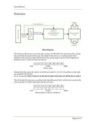Line Follower


Overview




                                         Block Diagram

The robot uses IR sensors to sense the line, an array of 8 IR LEDs (Tx) and sensors (Rx), facing
the ground has been used in this setup. The output of the sensors is an analog signal which
depends on the amount of light reflected back, this analog signal is given to the comparator to
produce 0s and 1s which are then fed to the uC.

                              L4   L3   L2   L1 R1 R2         R3   R4
                       Left                  Center                     Right
                                          Sensor Array

Starting from the center, the sensors on the left are named L1, L2, L3, L4 and those on the right
are named R1, R2, R3, R4.
Let us assume that when a sensor is on the line it reads 0 and when it is off the line it reads 1

The uC decides the next move according to the algorithm given below which tries to position the
robot such that L1 and R1 both read 0 and the rest read 1.

                              L4   L3   L2  L1 R1 R2 R3 R4
                              1    1    1   0    0    1   1     1
                       Left                  Center               Right
                              Desired State L1=R1=0, and Rest=1




                                                                                    Page 6 of 17
 