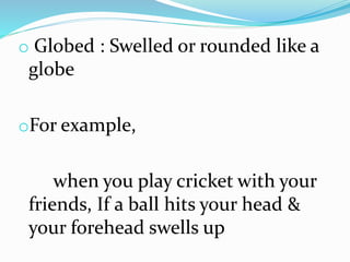 o Globed : Swelled or rounded like a
globe
oFor example,
when you play cricket with your
friends, If a ball hits your head &
your forehead swells up
 