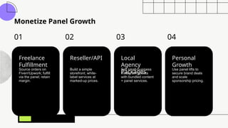 Monetize Panel Growth
01
Freelance
Fulfillment
Source orders on
Fiverr/Upwork; fulfill
via the panel; retain
margin.
02
Reseller/API
Build a simple
storefront; white-
label services at
marked-up prices.
03
Local
Agency
Packages
Sell small-business
Instagram boosts
with bundled content
+ panel services.
04
Personal
Growth
Use panel lifts to
secure brand deals
and scale
sponsorship pricing.
 