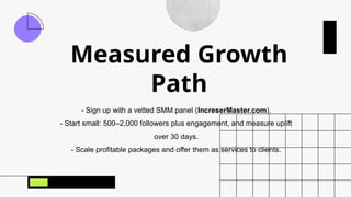 Measured Growth
Path
- Sign up with a vetted SMM panel (IncreserMaster.com).
- Start small: 500–2,000 followers plus engagement, and measure uplift
over 30 days.
- Scale profitable packages and offer them as services to clients.
 