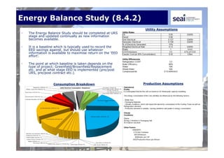 Energy Balance Study (8.4.2)
• The Energy Balance Study should be completed at URS
stage and updated continually as new information
becomes available.
• It is a baseline which is typically used to record the
EED savings against, but should use whatever
information is available to maximise return on the ‘EED
effort’.
• The point at which baseline is taken depends on the
type of project; Greenfield/Brownfield/Replacement
etc. and at what stage EED is implemented (pre/post
URS, pre/post contract etc.).
Consumption Breakdown Production Assumptions
Utility Assumptions
 