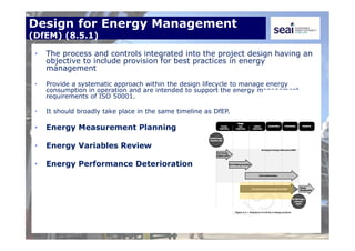Design for Energy Management
(DfEM) (8.5.1)
• The process and controls integrated into the project design having an
objective to include provision for best practices in energy
management
• Provide a systematic approach within the design lifecycle to manage energy
consumption in operation and are intended to support the energy management
requirements of ISO 50001.
• It should broadly take place in the same timeline as DfEP.
• Energy Measurement Planning
• Energy Variables Review
• Energy Performance Deterioration
 