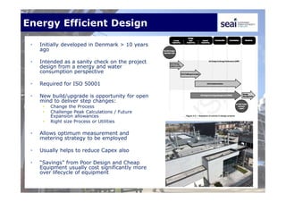 Energy Efficient Design
• Initially developed in Denmark > 10 years
ago
• Intended as a sanity check on the project
design from a energy and water
consumption perspective
• Required for ISO 50001
• New build/upgrade is opportunity for open
mind to deliver step changes:
• Change the Process
• Challenge Peak Calculations / Future
Expansion allowances
• Right size Process or Utilities
• Allows optimum measurement and
metering strategy to be employed
• Usually helps to reduce Capex also
• “Savings” from Poor Design and Cheap
Equipment usually cost significantly more
over lifecycle of equipment
 