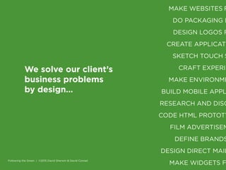 2
We solve our client’s
business problems
by design…
MAKE WEBSITES F
DO PACKAGING D
DESIGN LOGOS F
CREATE APPLICATI
SKETCH...