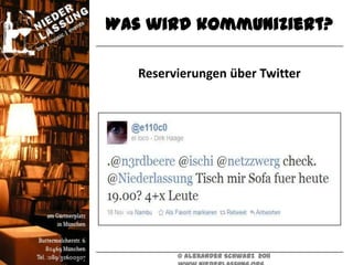 Was wird kommuniziert?

   Reservierungen über Twitter




         © Alexander Schwarz 2011
 