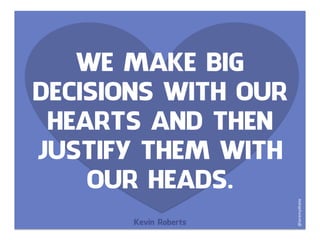 WE MAKE BIG
DECISIONS WITH OUR
HEARTS AND THEN
JUSTIFY THEM WITH
OUR HEADS.
Kevin Roberts
@JeremyWaite	
  
 