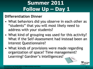 Summer 2011  Follow Up – Day 1 ,[object Object],[object Object],[object Object],[object Object],Foundations and Applications of Differentiating Instruction: Competencies Four and Five S1 -  