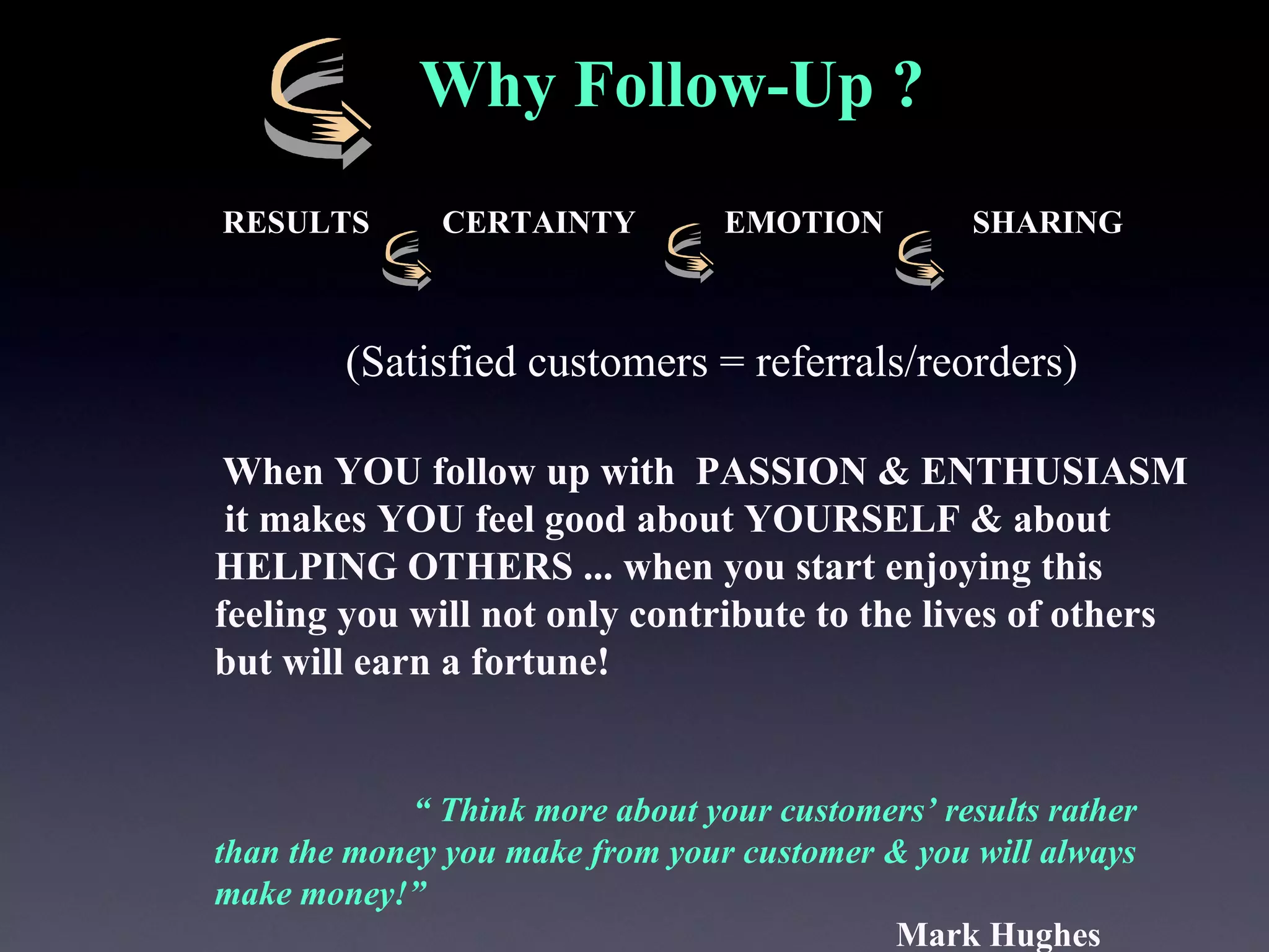 RESULTS  CERTAINTY  EMOTION  SHARING (Satisfied customers = referrals/reorders)   When YOU follow up with  PASSION & ENTHUSIASM  it makes YOU feel good about YOURSELF & about HELPING OTHERS ... when you start enjoying this feeling you will not only contribute to the lives of others but will earn a fortune!   “  Think more about your customers’ results rather than the money you make from your customer & you will always make money!” Mark Hughes Why Follow-Up ? 