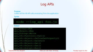 Log APIs
Purpose
Collect all the V8 API calls emanating from the application
Output
Syntax
Thursday, August 25, 2016EclipseSummit 2016, Bangalore Follow your code: Node / V8 tracing
 