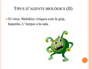 TIPUS D’AGENTS BIOLÒGICS (II)
 El virus: Malalties víriques com la grip,
hepatitis, L’ herpes o la sida.
 