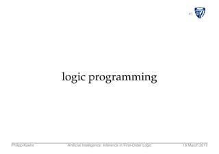 41
logic programming
Philipp Koehn Artiﬁcial Intelligence: Inference in First-Order Logic 16 March 2017
 
