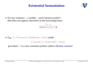 6Existential Instantiation
For any sentence α, variable v, and constant symbol k
that does not appear elsewhere in the knowledge base:
∃v α
SUBST({v/k},α)
E.g., ∃x Crown(x) ∧ OnHead(x,John) yields
Crown(C1) ∧ OnHead(C1,John)
provided C1 is a new constant symbol, called a Skolem constant
Philipp Koehn Artiﬁcial Intelligence: Inference in First-Order Logic 16 March 2017
 