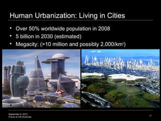 September 9, 2013
Future of Life Sciences
 Over 50% worldwide population in 2008
 5 billion in 2030 (estimated)
 Megacity: (>10 million and possibly 2,000/km2
)
Human Urbanization: Living in Cities
17
 