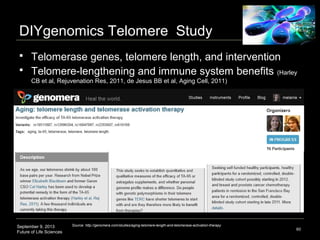 September 9, 2013
Future of Life Sciences
60
9. DIYgenomics Memory Study
Source: http://genomera.com/studies/aging-telomere-length-and-telomerase-activation-therapy
Goal: 100 member cohort
•Genotype: COMT, DRD2,
SLC6A3 (~5 SNPs)
(neurotransmitter modulation)
•Phenotype: memory test (20-25
minutes)
•Background questionnaire
 