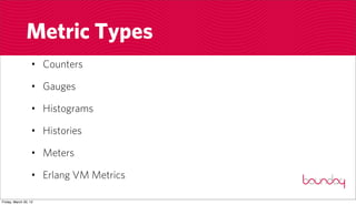 Metric Types
                  • Counters

                  • Gauges

                  • Histograms

                  • Histories

                  • Meters

                  • Erlang VM Metrics

Friday, March 30, 12
 