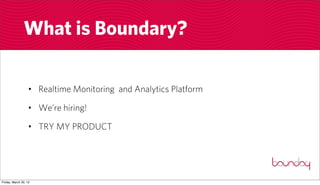 What is Boundary?

                  • Realtime Monitoring and Analytics Platform

                  • We’re hiring!

                  • TRY MY PRODUCT




Friday, March 30, 12
 
