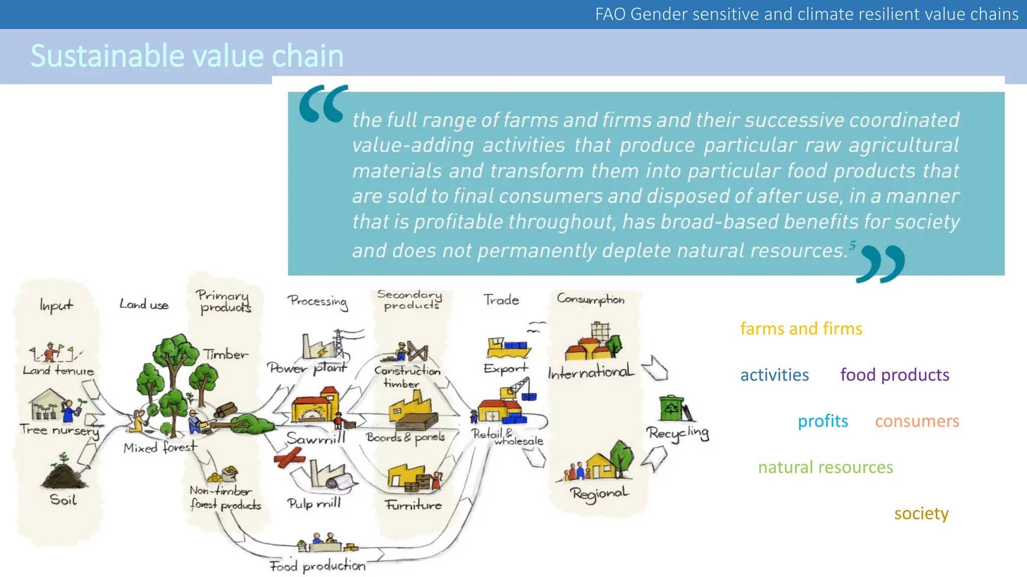 FAO Gender sensitive and climate resilient value chains
Sustainable value chain
farms and firms
activities food products
profits consumers
natural resources
society
 