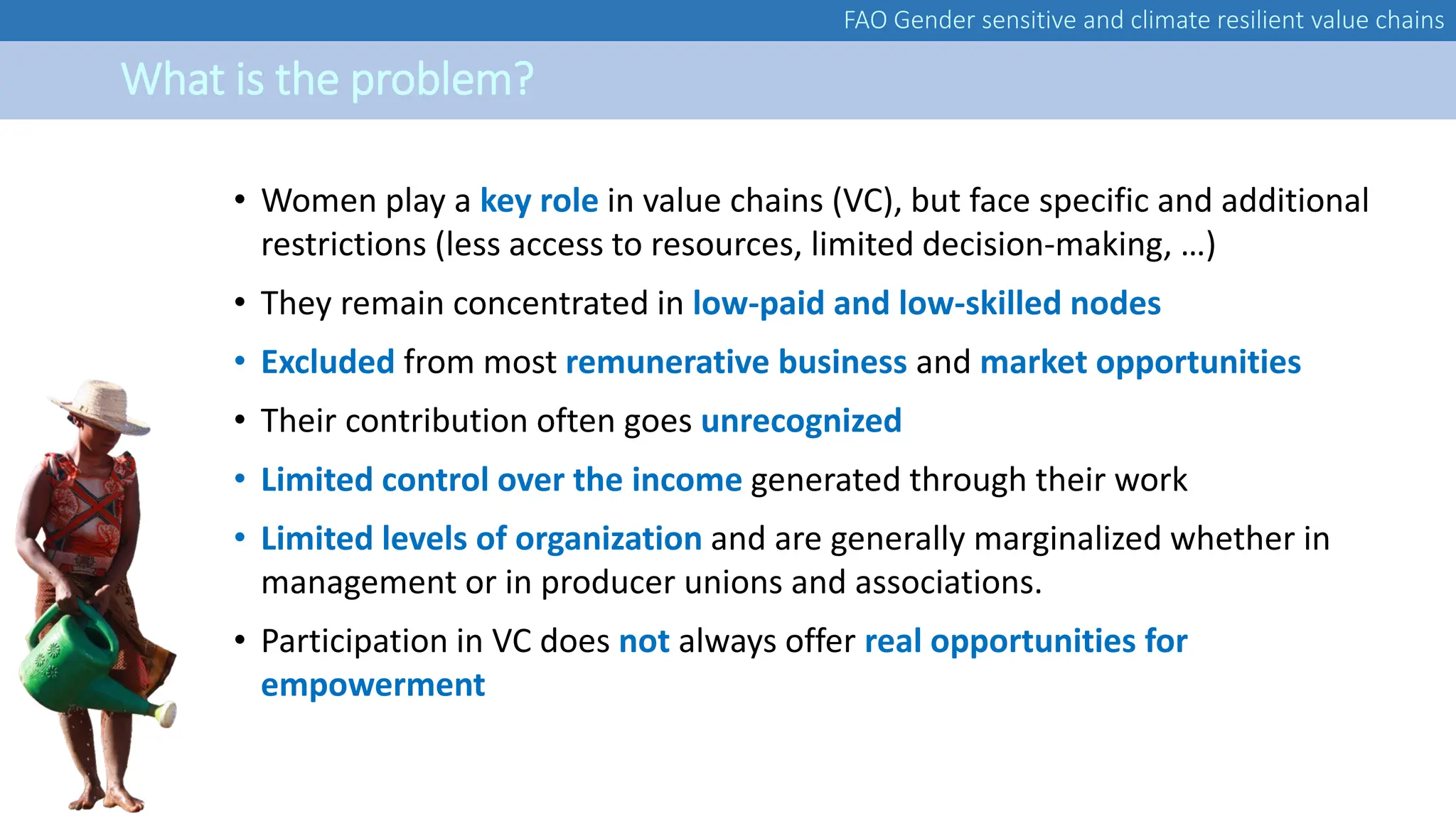 FAO Gender sensitive and climate resilient value chains
• Women play a key role in value chains (VC), but face specific and additional
restrictions (less access to resources, limited decision-making, …)
• They remain concentrated in low-paid and low-skilled nodes
• Excluded from most remunerative business and market opportunities
• Their contribution often goes unrecognized
• Limited control over the income generated through their work
• Limited levels of organization and are generally marginalized whether in
management or in producer unions and associations.
• Participation in VC does not always offer real opportunities for
empowerment
What is the problem?
 