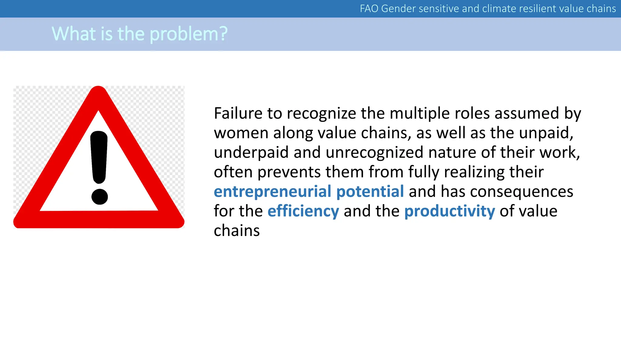 FAO Gender sensitive and climate resilient value chains
What is the problem?
Failure to recognize the multiple roles assumed by
women along value chains, as well as the unpaid,
underpaid and unrecognized nature of their work,
often prevents them from fully realizing their
entrepreneurial potential and has consequences
for the efficiency and the productivity of value
chains
 