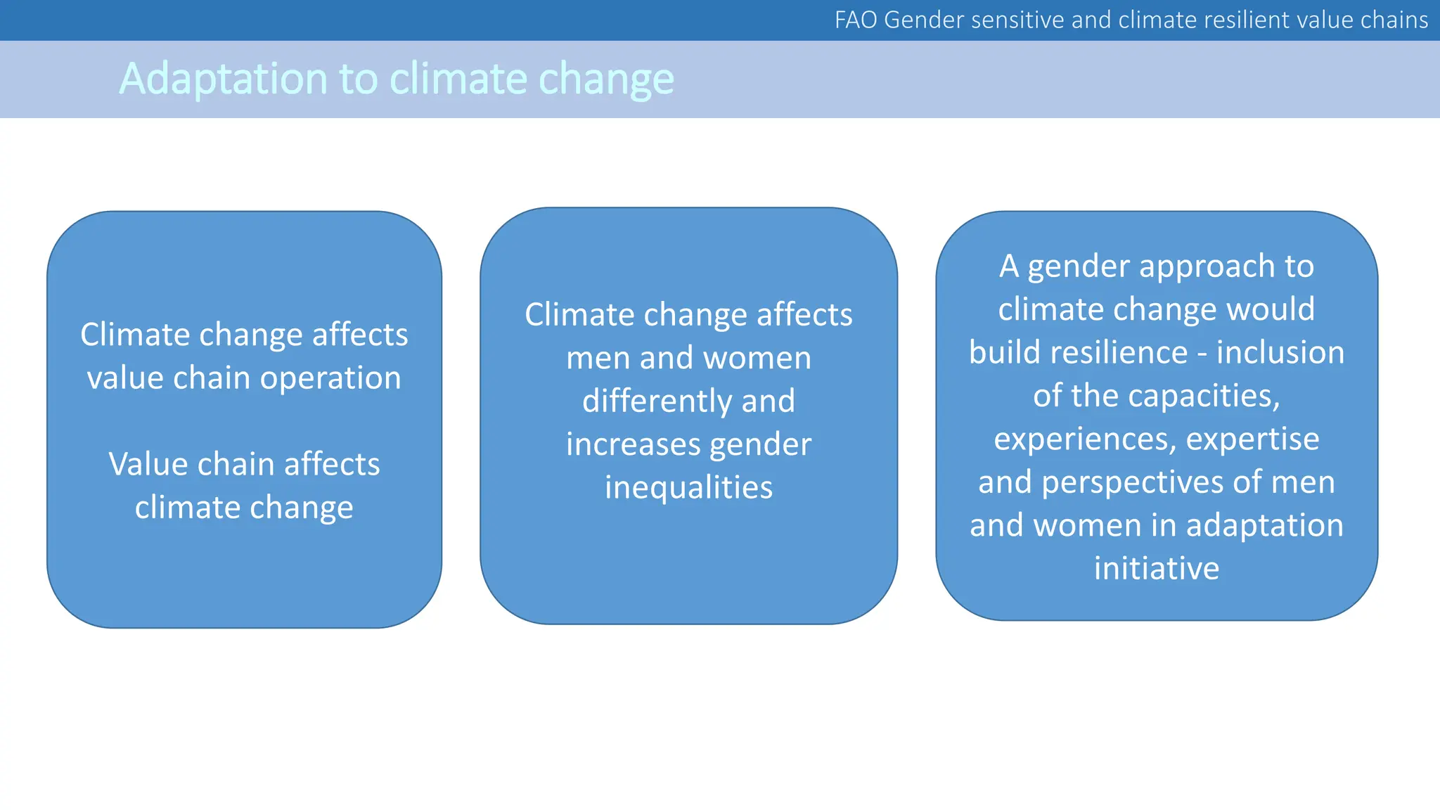 FAO Gender sensitive and climate resilient value chains
Adaptation to climate change
Climate change affects
value chain operation
Value chain affects
climate change
Climate change affects
men and women
differently and
increases gender
inequalities
A gender approach to
climate change would
build resilience - inclusion
of the capacities,
experiences, expertise
and perspectives of men
and women in adaptation
initiative
 