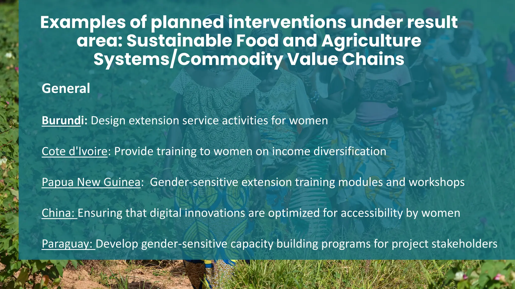 Examples of planned interventions under result
area: Sustainable Food and Agriculture
Systems/Commodity Value Chains
General
Burundi: Design extension service activities for women
Cote d'Ivoire: Provide training to women on income diversification
Papua New Guinea: Gender-sensitive extension training modules and workshops
China: Ensuring that digital innovations are optimized for accessibility by women
Paraguay: Develop gender-sensitive capacity building programs for project stakeholders
 