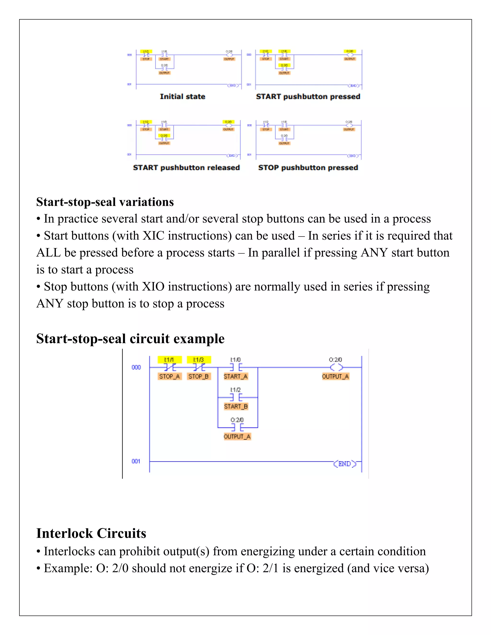 Start-stop-seal variations
• In practice several start and/or several stop buttons can be used in a process
• Start buttons (with XIC instructions) can be used – In series if it is required that
ALL be pressed before a process starts – In parallel if pressing ANY start button
is to start a process
• Stop buttons (with XIO instructions) are normally used in series if pressing
ANY stop button is to stop a process
Start-stop-seal circuit example
Interlock Circuits
• Interlocks can prohibit output(s) from energizing under a certain condition
• Example: O: 2/0 should not energize if O: 2/1 is energized (and vice versa)
 