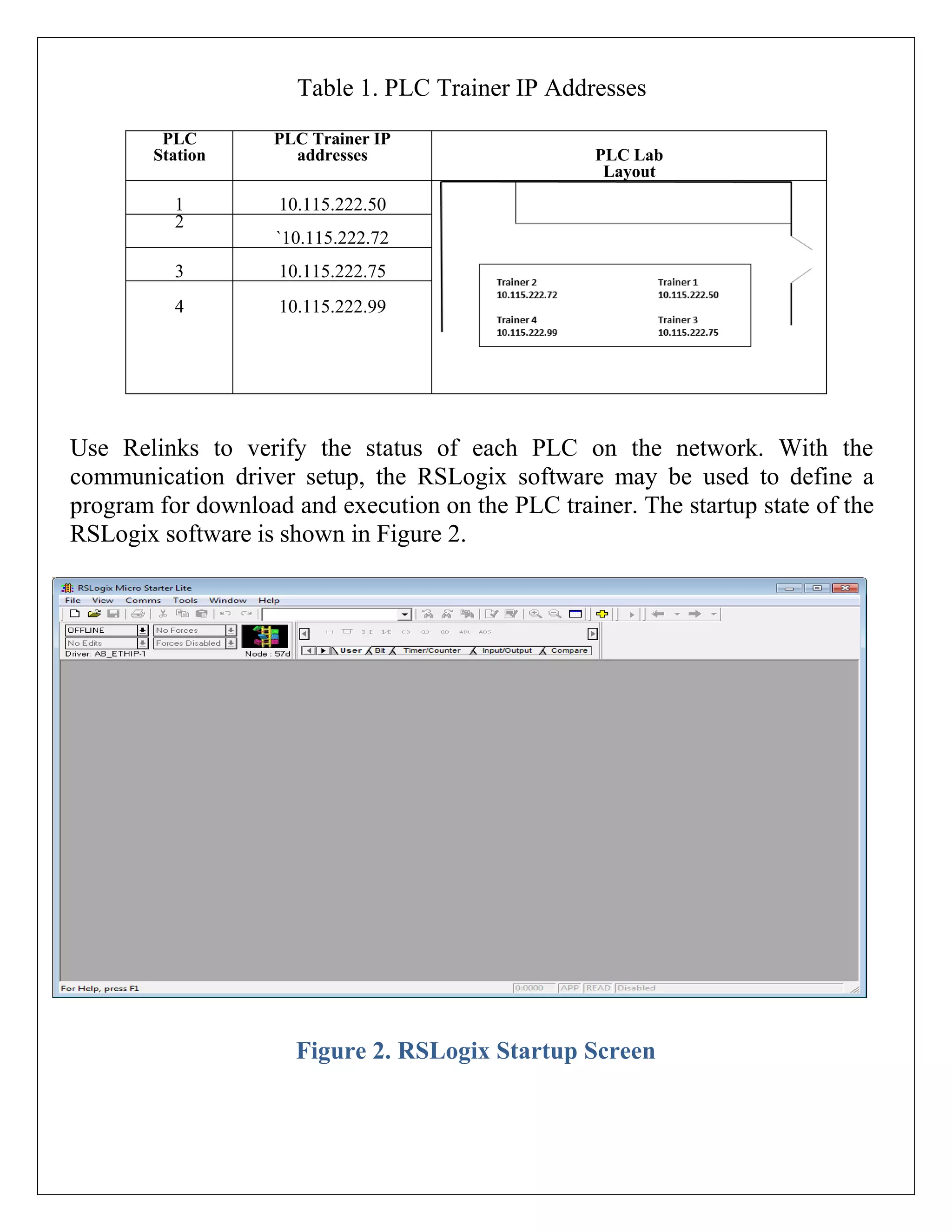 Table 1. PLC Trainer IP Addresses
PLC
Station
PLC Trainer IP
addresses PLC Lab
Layout
1 10.115.222.50
2
`10.115.222.72
3 10.115.222.75
4 10.115.222.99
Use Relinks to verify the status of each PLC on the network. With the
communication driver setup, the RSLogix software may be used to define a
program for download and execution on the PLC trainer. The startup state of the
RSLogix software is shown in Figure 2.
Figure 2. RSLogix Startup Screen
 