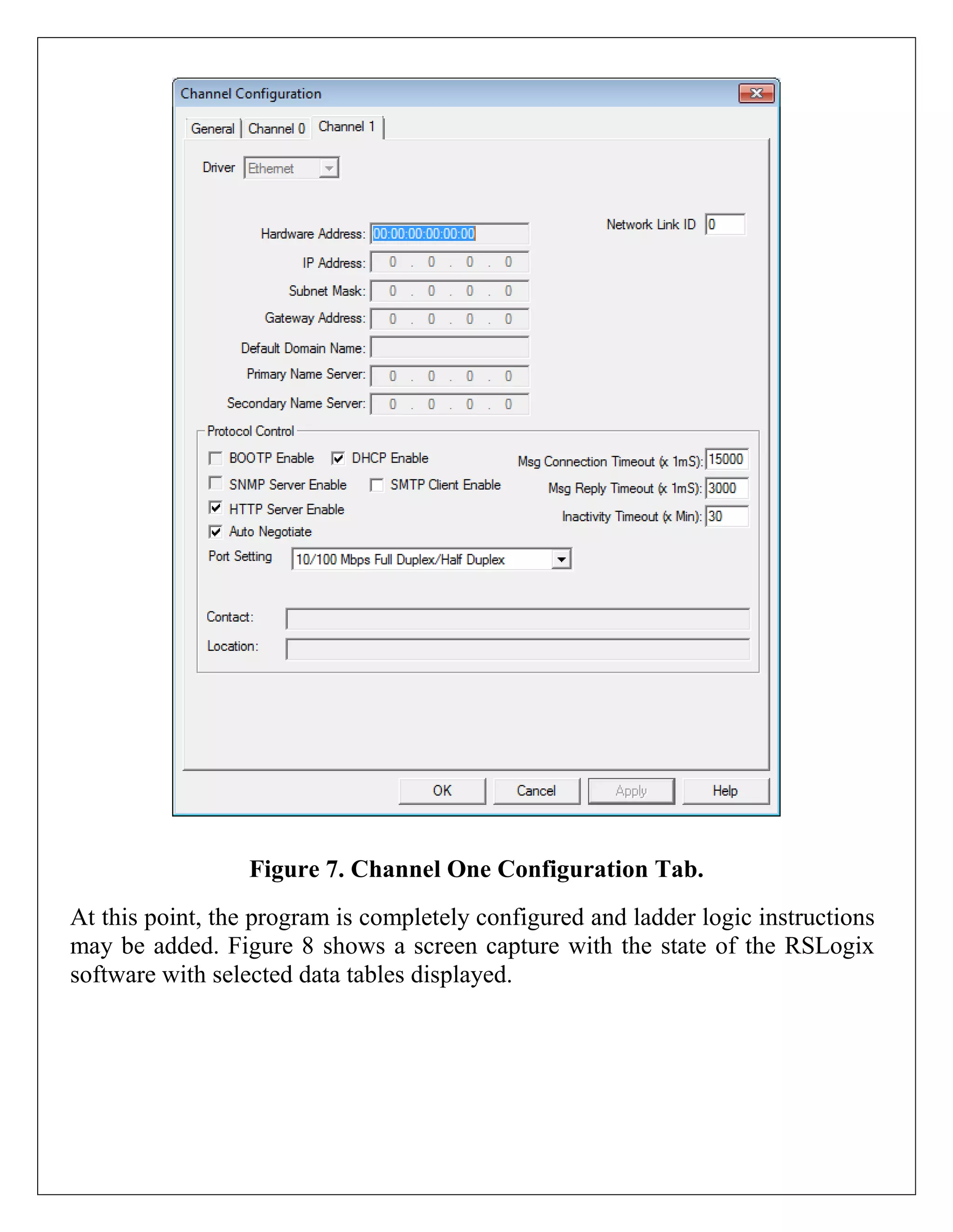 Figure 7. Channel One Configuration Tab.
At this point, the program is completely configured and ladder logic instructions
may be added. Figure 8 shows a screen capture with the state of the RSLogix
software with selected data tables displayed.
 