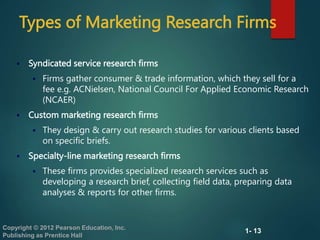 1- 13
Copyright © 2012 Pearson Education, Inc.
Publishing as Prentice Hall
Types of Marketing Research Firms
 Syndicated service research firms
 Firms gather consumer & trade information, which they sell for a
fee e.g. ACNielsen, National Council For Applied Economic Research
(NCAER)
 Custom marketing research firms
 They design & carry out research studies for various clients based
on specific briefs.
 Specialty-line marketing research firms
 These firms provides specialized research services such as
developing a research brief, collecting field data, preparing data
analyses & reports for other firms.
 