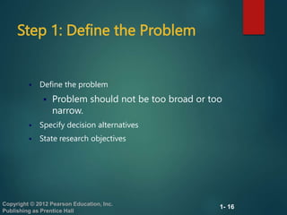 1- 16
Copyright © 2012 Pearson Education, Inc.
Publishing as Prentice Hall
Step 1: Define the Problem
 Define the problem
 Problem should not be too broad or too
narrow.
 Specify decision alternatives
 State research objectives
 