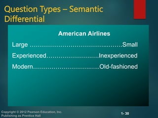 1- 30
Copyright © 2012 Pearson Education, Inc.
Publishing as Prentice Hall
Question Types – Semantic
Differential
American Airlines
Large ………………………………...…….Small
Experienced………………….….Inexperienced
Modern……………………….…..Old-fashioned
 