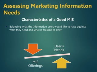 Balancing what the information users would like to have against
what they need and what is feasible to offer
Characteristics of a Good MIS
Assessing Marketing Information
Needs
User’s
Needs
MIS
Offerings
 