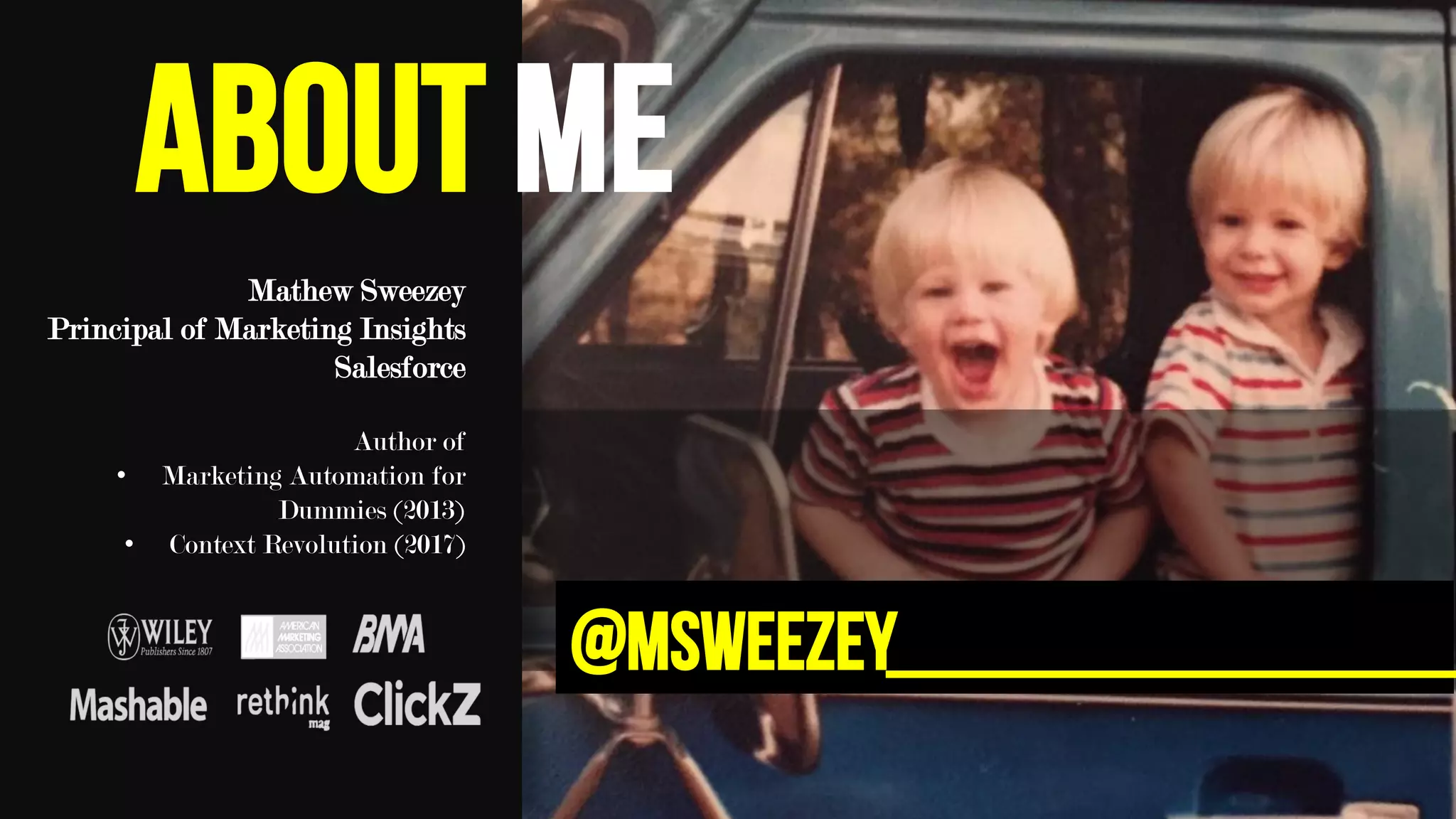 @msweezey
ABOUT ME
Mathew Sweezey
Principal of Marketing Insights
Salesforce
Author of
•  Marketing Automation for
Dummies (2013)
•  Context Revolution (2017)
 