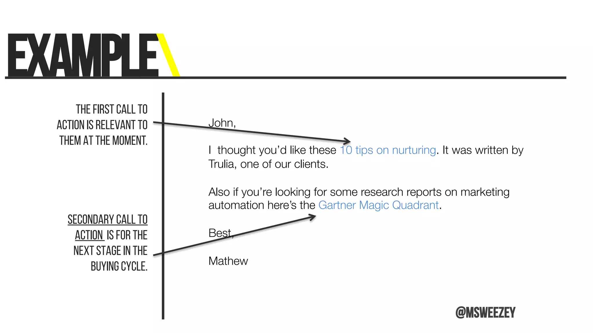 Example	
The first call to
action is relevant to
them at the moment.
Secondary call to
action is for the
next stage in the
buying cycle. 	
John, 

I thought you’d like these 10 tips on nurturing. It was written by
Trulia, one of our clients. 

Also if you’re looking for some research reports on marketing
automation here’s the Gartner Magic Quadrant. 

Best, 

Mathew 



@msweezey
 