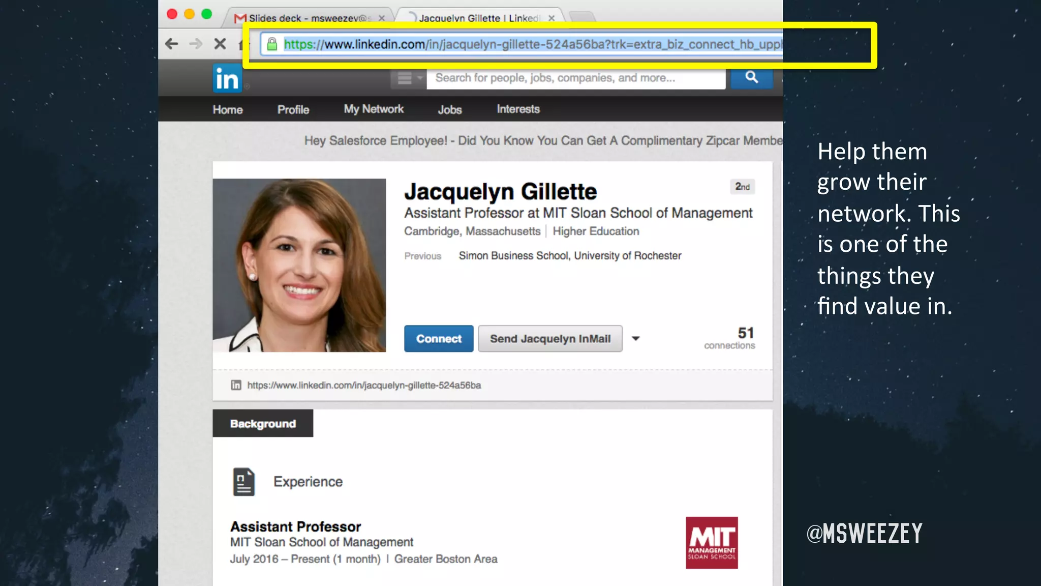 @msweezey
Help	them	
grow	their	
network.	This	
is	one	of	the	
things	they	
ﬁnd	value	in.		
 