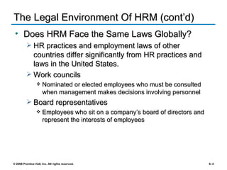 The Legal Environment Of HRM (cont’d) Does HRM Face the Same Laws Globally? HR practices and employment laws of other countries differ significantly from HR practices and laws in the United States. Work councils Nominated or elected employees who must be consulted when management makes decisions involving personnel Board representatives Employees who sit on a company’s board of directors and represent the interests of employees 