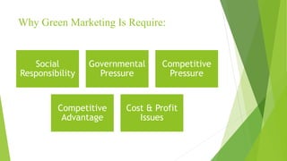 Why Green Marketing Is Require:
Social
Responsibility
Governmental
Pressure
Competitive
Pressure
Competitive
Advantage
Cost & Profit
Issues
 