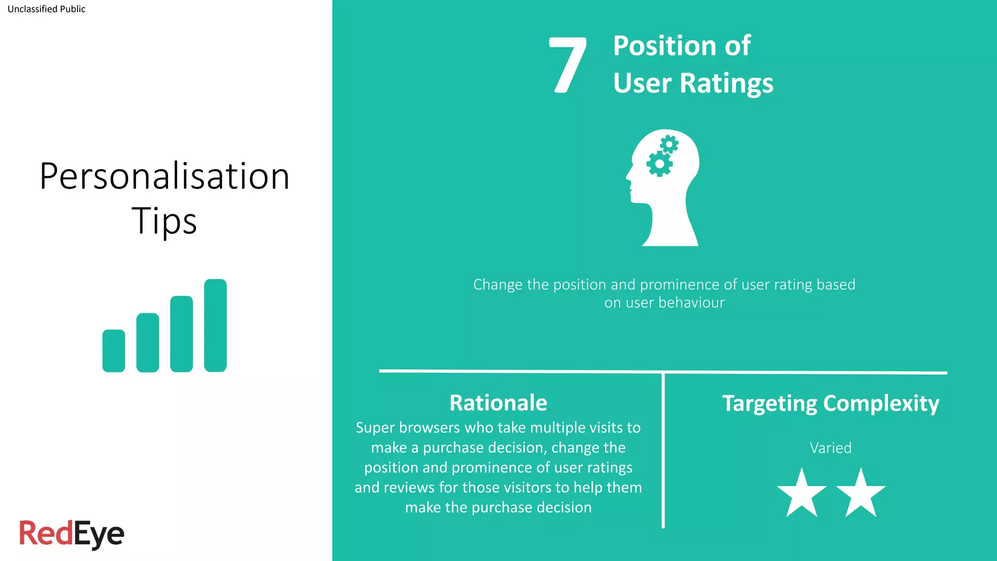 Change the position and prominence of user rating based
on user behaviour
Unclassified Public
Position of
User Ratings
Rationale
Super browsers who take multiple visits to
make a purchase decision, change the
position and prominence of user ratings
and reviews for those visitors to help them
make the purchase decision
Targeting Complexity
Varied
Personalisation
Tips
7
 