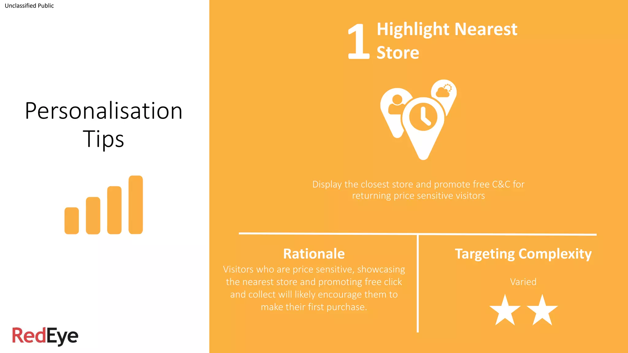 Personalisation
Tips
Display the closest store and promote free C&C for
returning price sensitive visitors
Unclassified Public
Rationale
Visitors who are price sensitive, showcasing
the nearest store and promoting free click
and collect will likely encourage them to
make their first purchase.
Targeting Complexity
Varied
Highlight Nearest
Store1
 