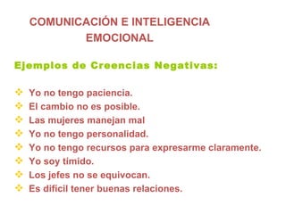 COMUNICACIÓN E INTELIGENCIA EMOCIONAL Ejemplos de Creencias Negativas: Yo no tengo paciencia. El cambio no es posible. Las mujeres manejan mal Yo no tengo personalidad. Yo no tengo recursos para expresarme claramente. Yo soy tímido. Los jefes no se equivocan. Es difícil tener buenas relaciones.  