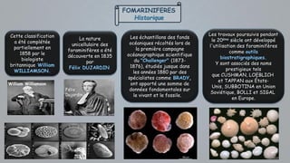 FOMARINIFERES
Historique
Cette classification
a été complétée
partiellement en
1858 par le
biologiste
britannique William
WILLIAMSON.
William Williamson
Les échantillons des fonds
océaniques récoltés lors de
la première campagne
océanographique scientifique
du "Challenger" (1873-
1876), étudiés jusque dans
les années 1880 par des
spécialistes comme BRADY,
ont apporté une somme de
données fondamentales sur
le vivant et le fossile.
La nature
unicellulaire des
foraminifères a été
découverte en 1835
par
Félix DUJARDIN
Félix
Dujardin
Les travaux poursuivis pendant
le 20ème siècle ont développé
l'utilisation des foraminifères
comme outils
biostratigraphiques.
Y sont associés des noms
prestigieux tels
que CUSHMAN, LOEBLICH
et TAPPAN aux États-
Unis, SUBBOTINA en Union
Soviétique, BOLLI et SIGAL
en Europe.
 