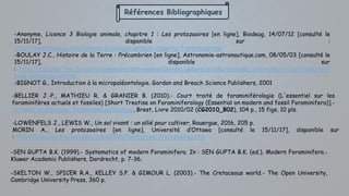 Références Bibliographiques
-Anonyme, Licence 3 Biologie animale, chapitre 1 : Les protozoaires [en ligne], Biodeug, 14/07/12 [consulté le
15/11/17], disponible sur :
http://www.biodeug.com/licence-3-biologie-animale-chapitre-1-protozoaires/
-BOULAY J.C., Histoire de la Terre : Précambrien [en ligne], Astronomie-astronautique.com, 08/05/03 [consulté le
15/11/17], disponible sur
: http://jcboulay.free.fr/astro/sommaire/astronomie/univers/galaxie/etoile/systeme_solaire/terre1/precambrien/
page_precambrien.htm
-BIGNOT G., Introduction à la micropaléontologie. Gordon and Breach Science Publishers, 2001
-BELLIER J.-P., MATHIEU R. & GRANIER B. (2010).- Court traité de foraminiférologie (L'essentiel sur les
foraminifères actuels et fossiles) [Short Treatise on Foraminiferology (Essential on modern and fossil Foraminifera)].-
Carnets de Géologie - Notebooks on Geology, Brest, Livre 2010/02 (CG2010_B02), 104 p., 15 figs, 10 pls.
-LOWENFELS J., LEWIS W., Un sol vivant : un allié pour cultiver, Rouergue, 2016, 205 p.
MORIN A., Les protozoaires [en ligne], Université d’Ottawa [consulté le 15/11/17], disponible sur
: http://simulium.bio.uottawa.ca/bio2525/Notes/Les_Protozoaires.htm
-SEN GUPTA B.K. (1999).- Systematics of modern Foraminifera. In : SEN GUPTA B.K. (ed.), Modern Foraminifera.-
Kluwer Academic Publishers, Dordrecht, p. 7-36.
-SKELTON W., SPICER R.A., KELLEY S.P. & GIMOUR L. (2003).- The Cretaceous world.- The Open University,
Cambridge University Press, 360 p.
 