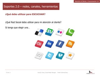 Soportes 2.0 – redes, canales, herramientas ¿Qué debo utilizar para ESCUCHAR? ¿Qué Red Social debo utilizar para mi atención al cliente? Si tengo que elegir una…  14-dic-11 Vincent Chavy, Social Media Manager  - Twitter @VinceChavy Atención al Cliente y Comunicación 2.0 
